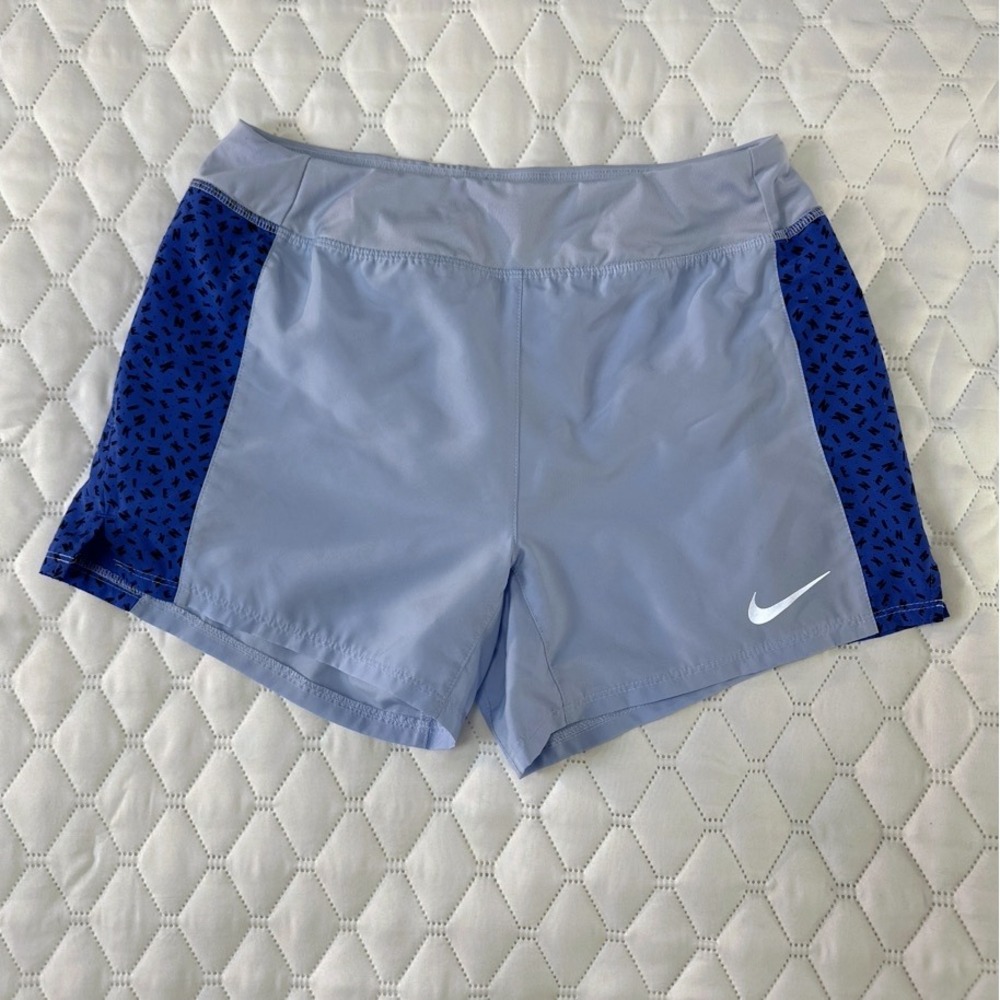 Nike Dri-FIT Running Shorts Womens L Blue‎ Purple Logo Print Zip Pocket Good
